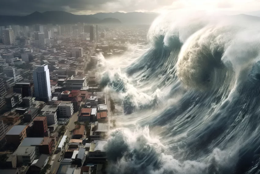 A towering tsunami wave looms menacingly over a coastal city, illustrating the imminent disaster faced by communities during sudden-onset crises